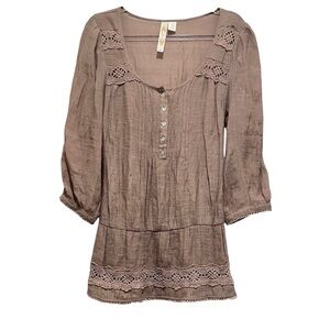 Boho Lace Peasant Blouse Taupe Sz S Crochet Trim Earthy Festival Cottagecore Top